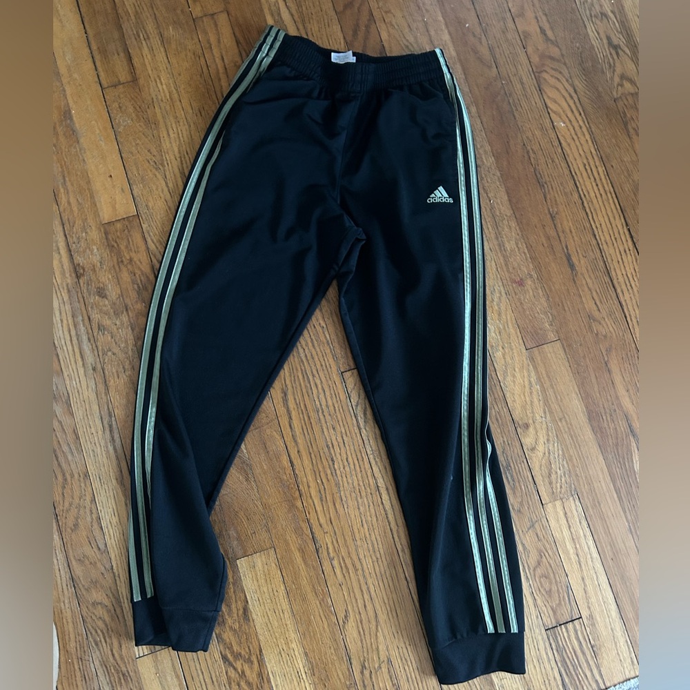 adidas big boys black Joggers with Metallic Gold Side Stripes
